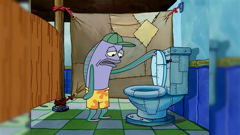 In this episode, in an alternate reality, Bikini Bottom is inhabited entirely by robots. . Spongebob guy looking in toilet